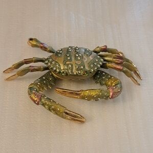 Jeweled Rhinestone Metal Crab Gold Tone Enamel  Clasp Trinket Box